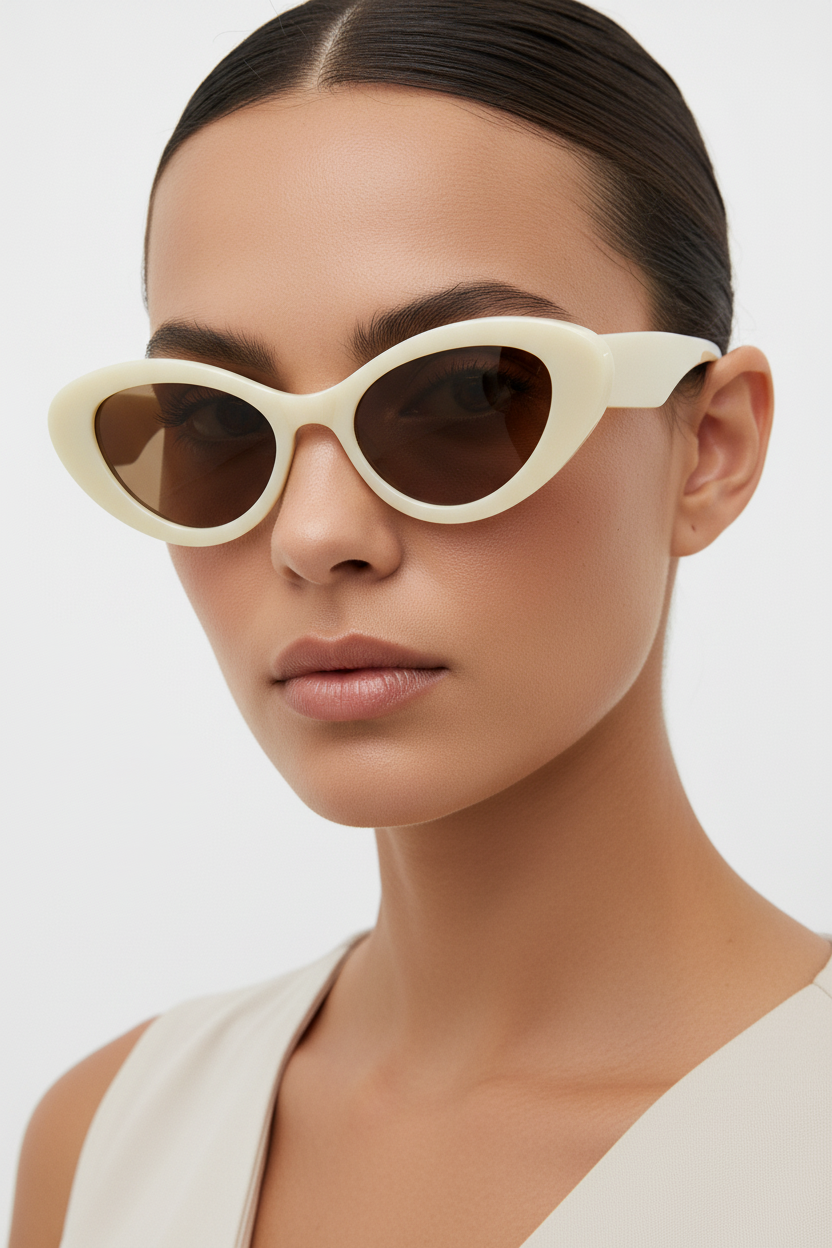 Crème cat-eye zonnebril close-up frontaal