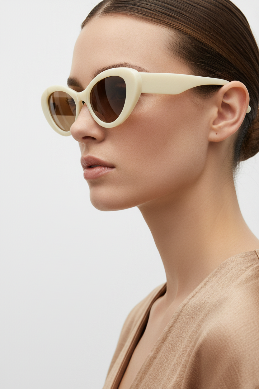 Crème cat-eye zonnebril close-up zijkant