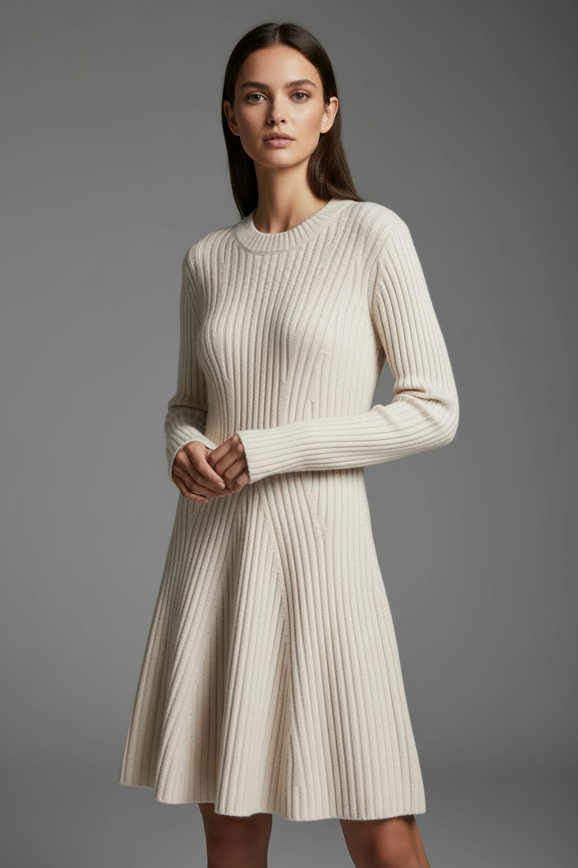 Cream beige cable knit sweater dress unique model grey background