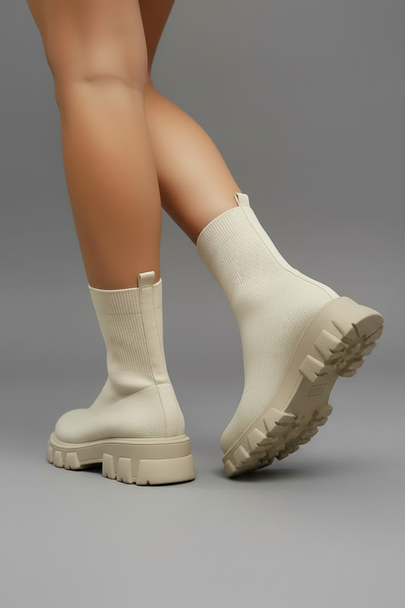 Cream beige knit sock ankle boots back angle correct color