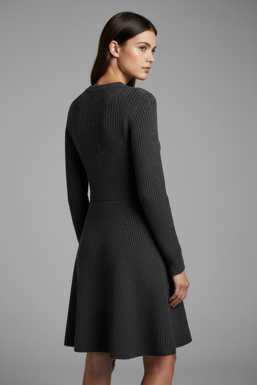 Dark grey cable knit sweater dress back angle