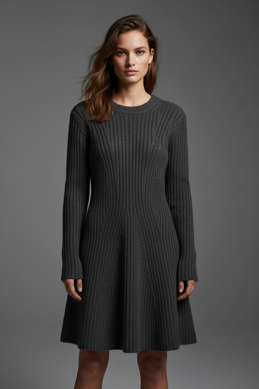 Dark grey cable knit sweater dress unique model grey background