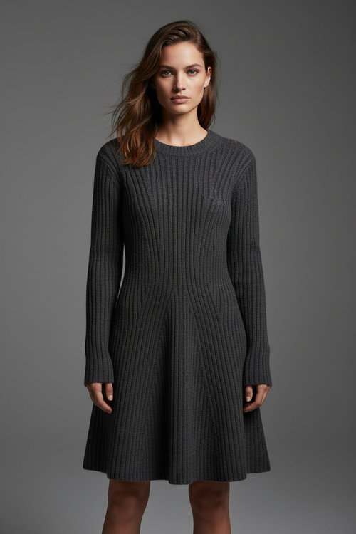 Dark grey cable knit sweater dress unique model grey background