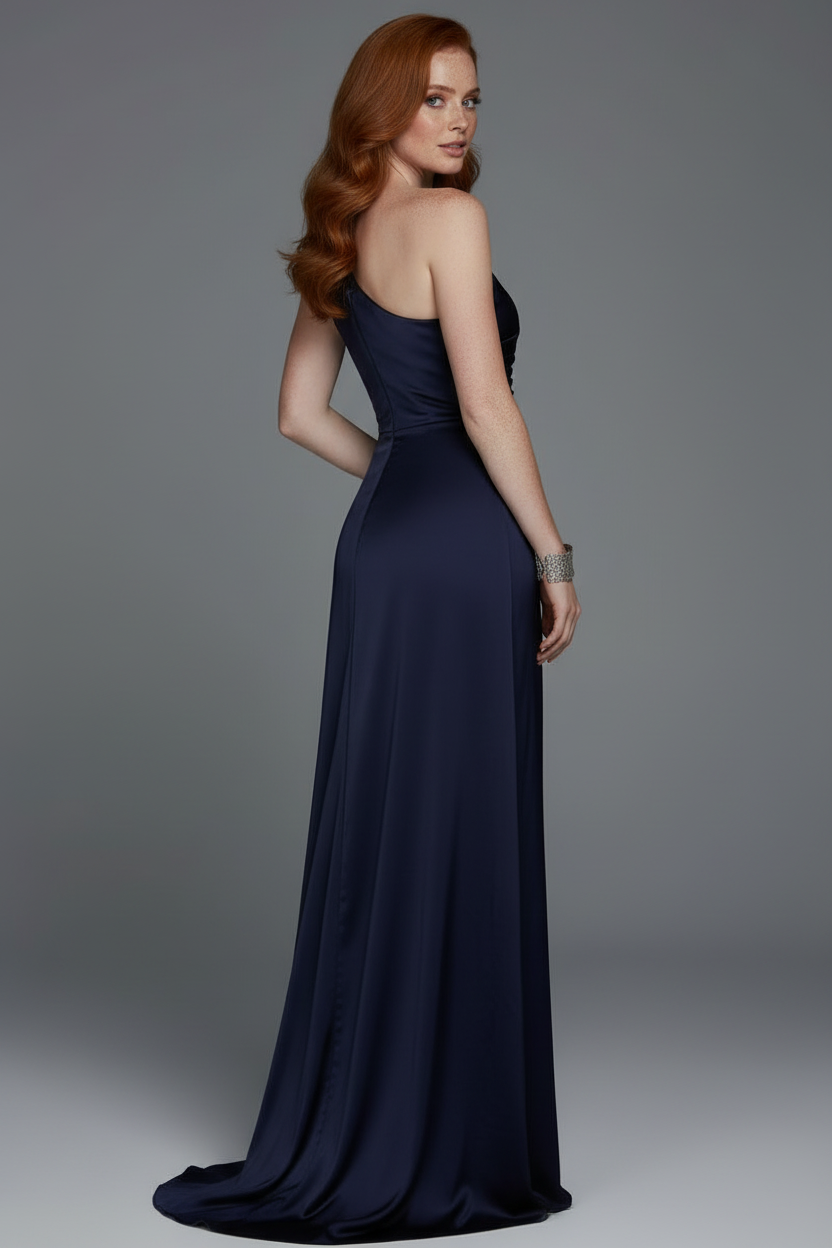 Donkerblauwe One-Shoulder Maxi Jurk - Andere Hoek