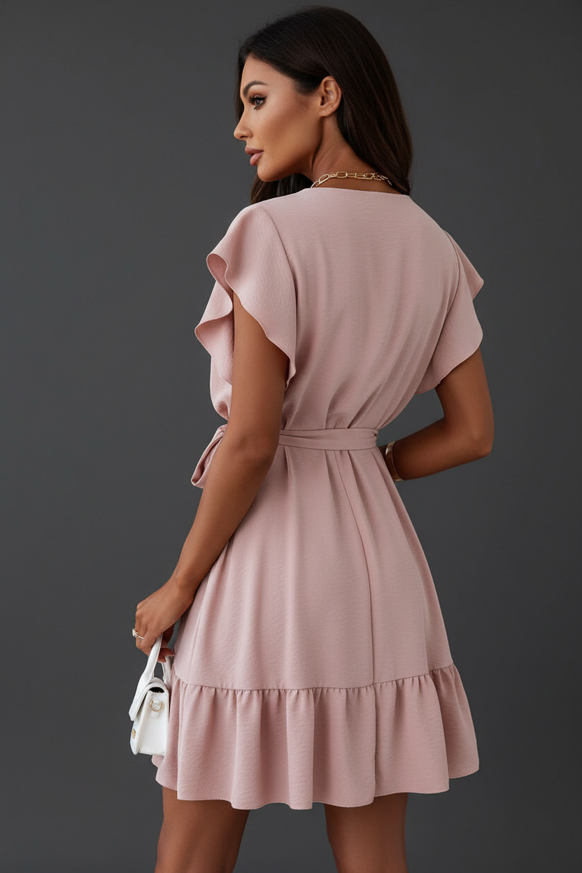 Dusty pink wrap mini dress back angle