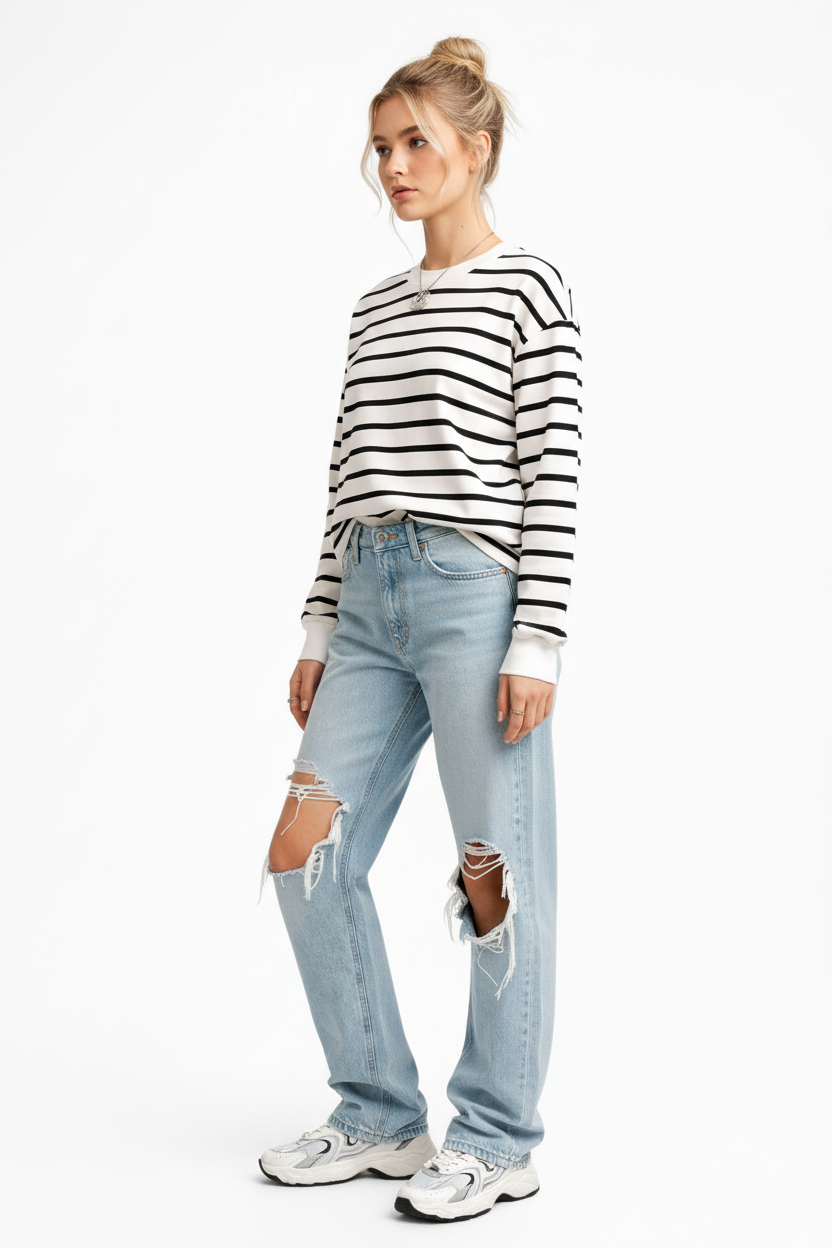 Gestreepte longsleeve blond model zijkant