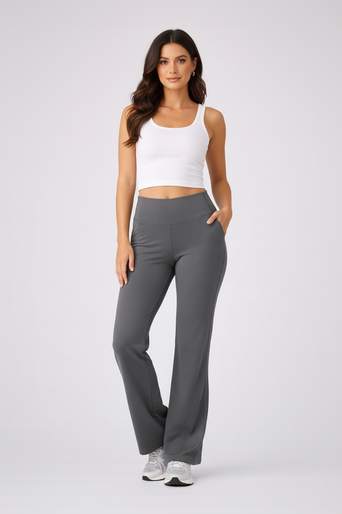 Grijze flared broek frontaal uniek model