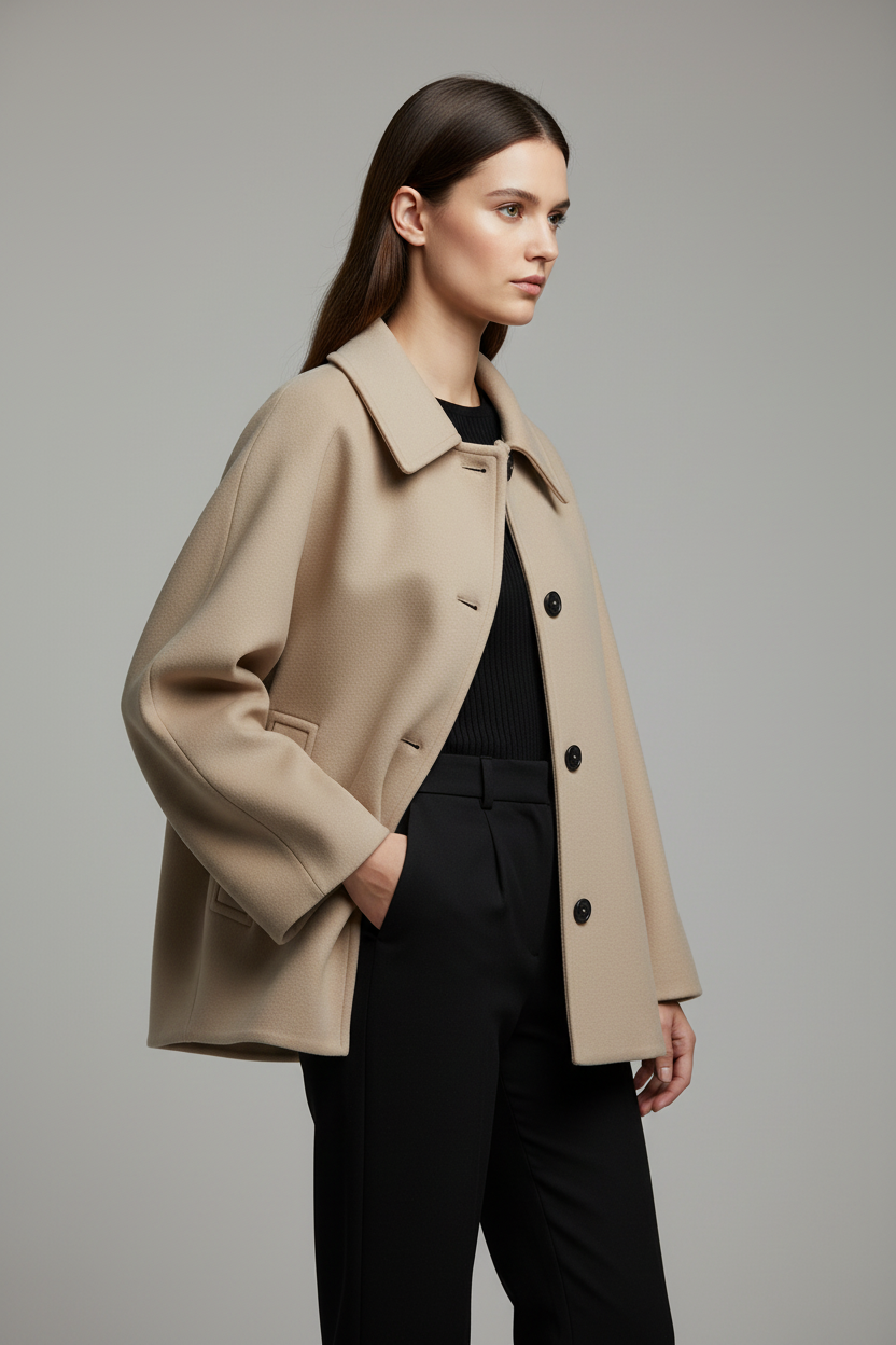 Model draagt beige winterjas zijkant