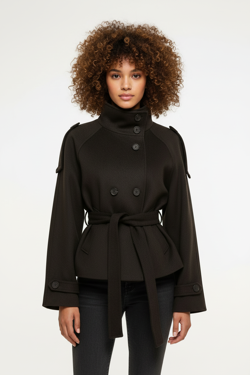 Model voorkant - Donkerbruine trenchcoat