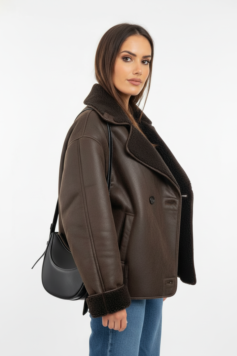 Model zijkant - Bruine leren jas