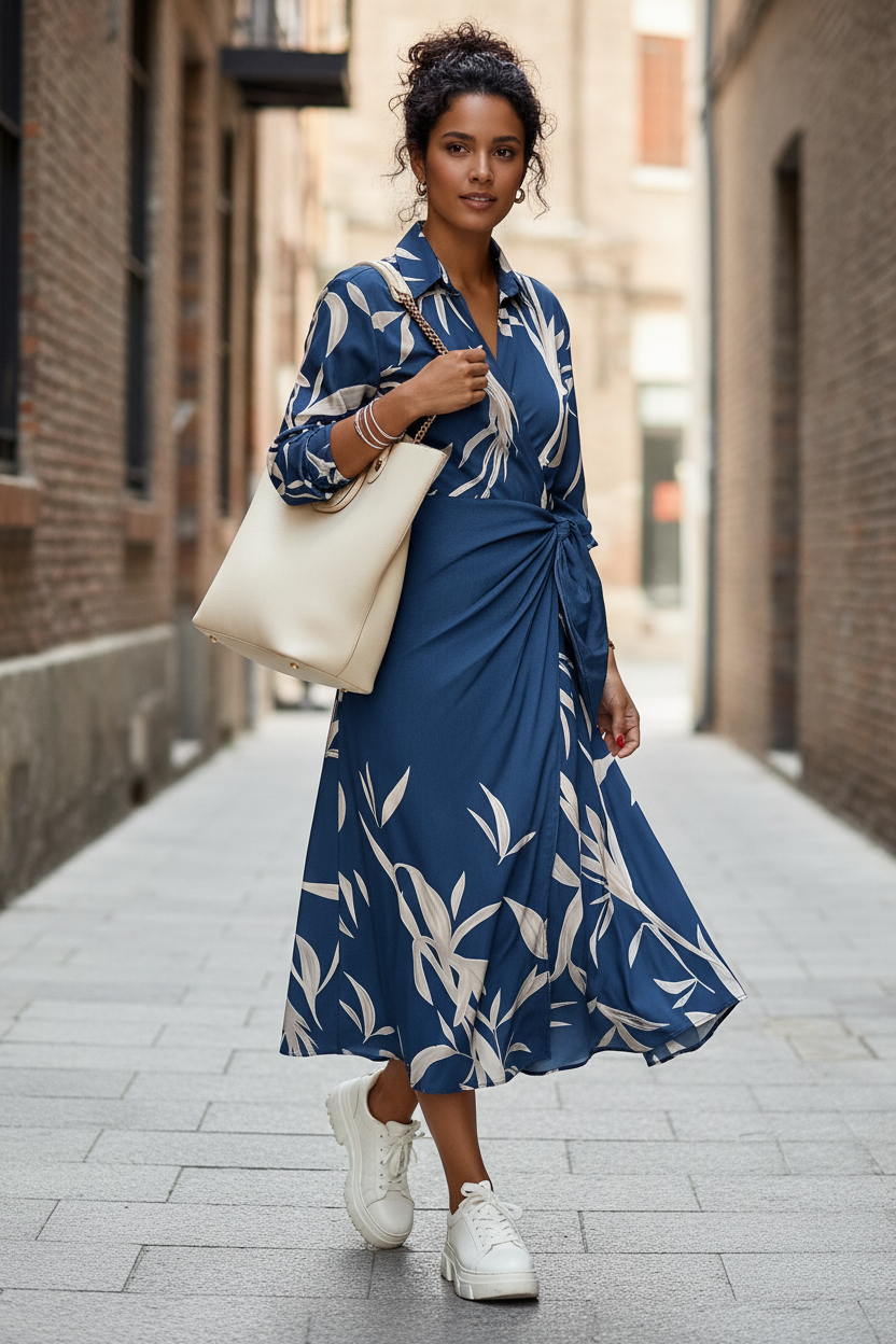 Navy Jurk met Bladprint - Lifestyle Shot