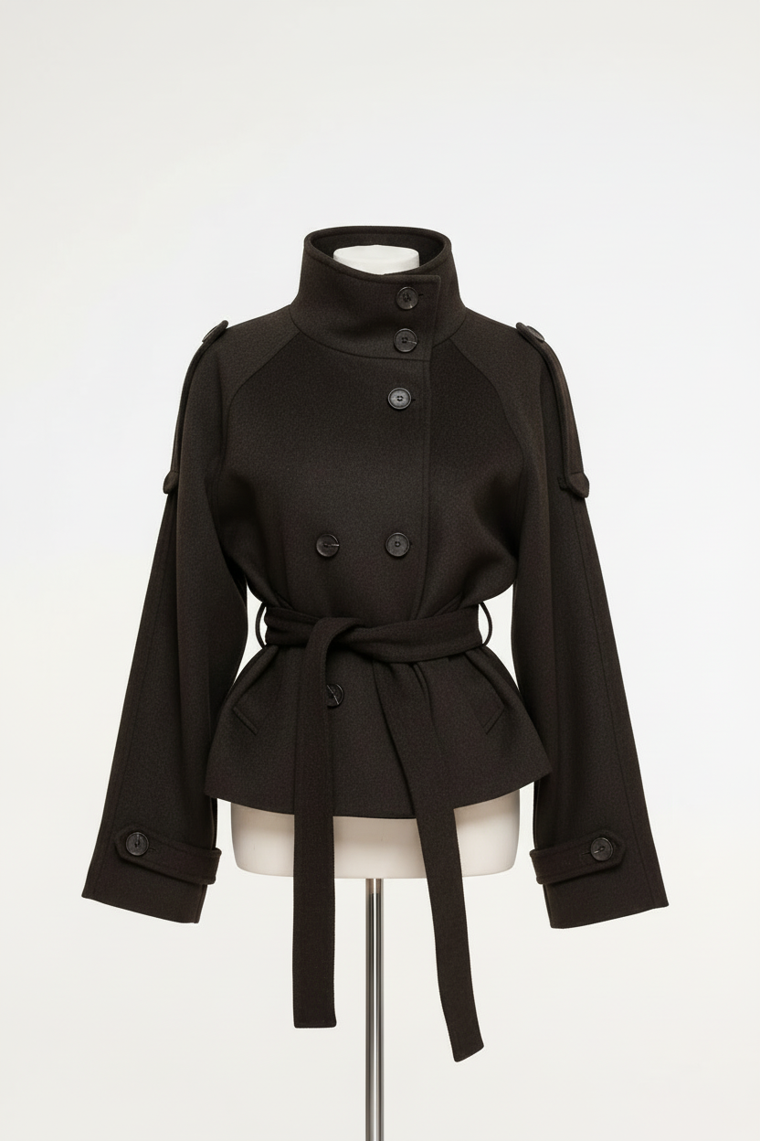 Donkerbruine korte trenchcoat op paspop