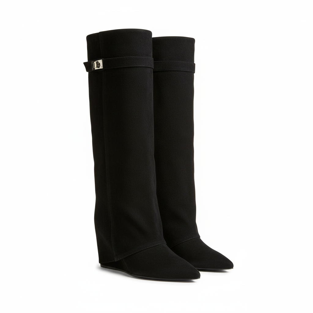 Zwarte suède laarzen schuin vooraanzicht