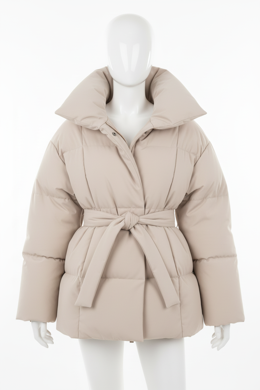 Extra lichte beige puffer winterjas op paspop