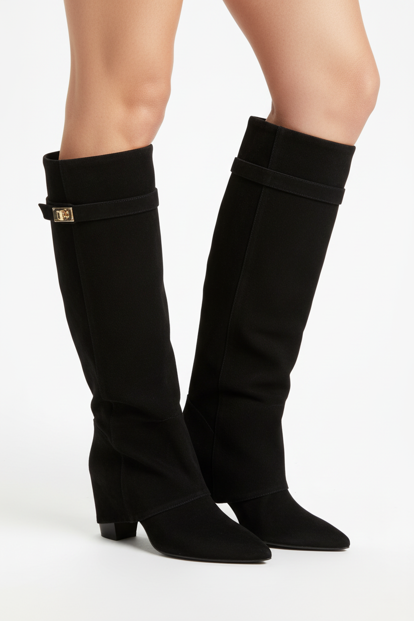 Zwarte suède laarzen gedragen tot knie