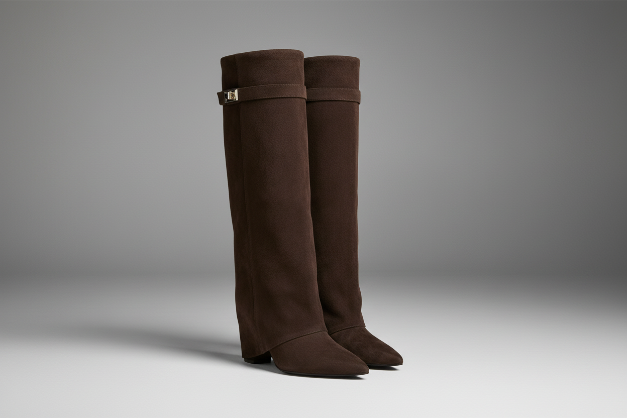 Bruine suède laarzen op grijze achtergrond