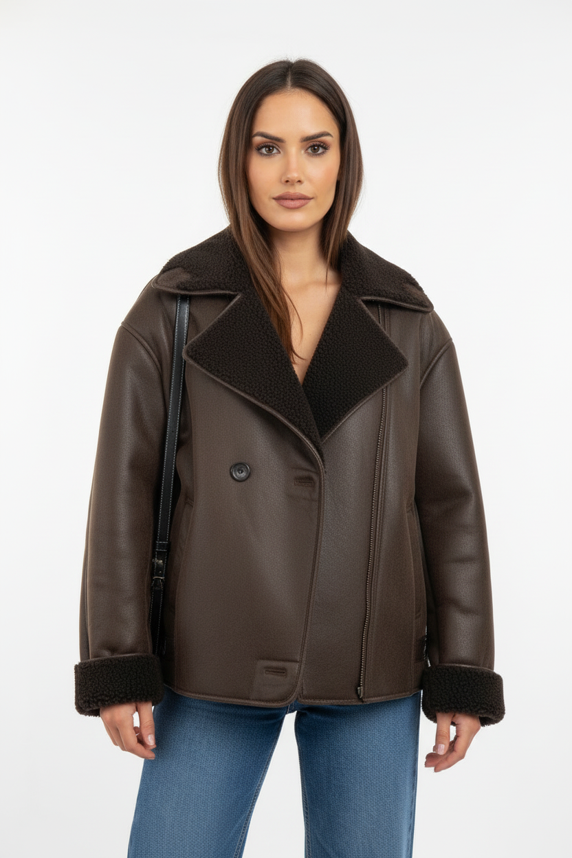 Model voorkant - Bruine leren jas