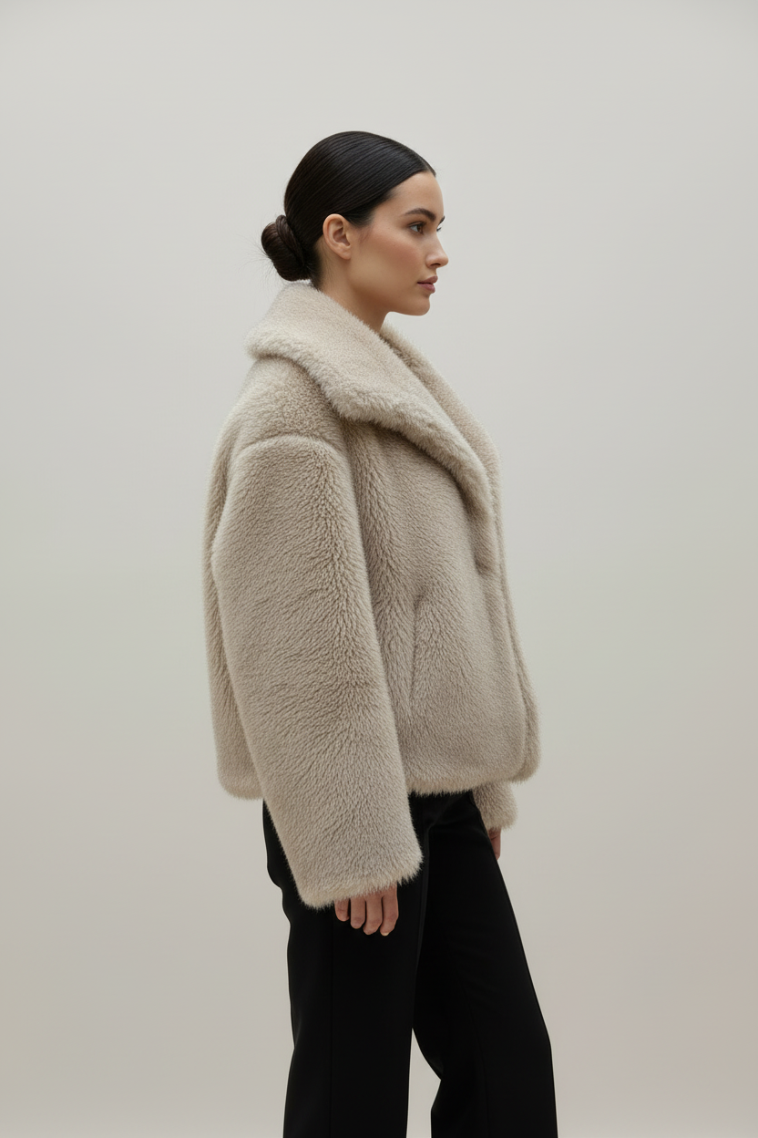 Model zijkant - beige teddy fleece jacket