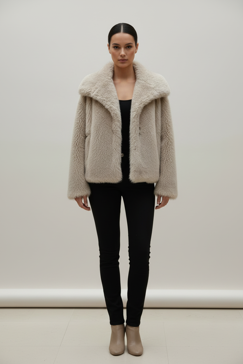 Model voorkant - beige teddy fleece jacket