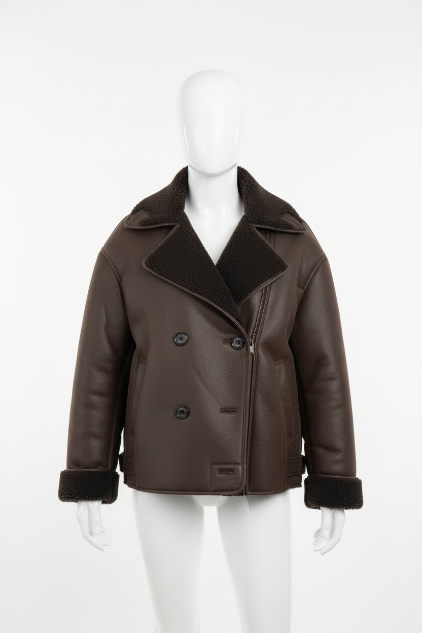 Bruine leren jas met bont op paspop