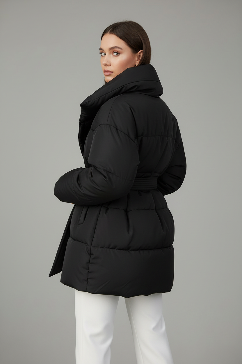 Model draagt zwarte puffer winterjas achterkant