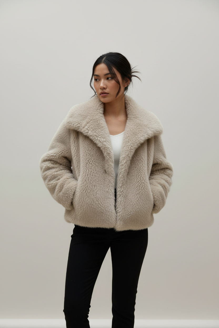 Model casual pose - beige teddy fleece jacket