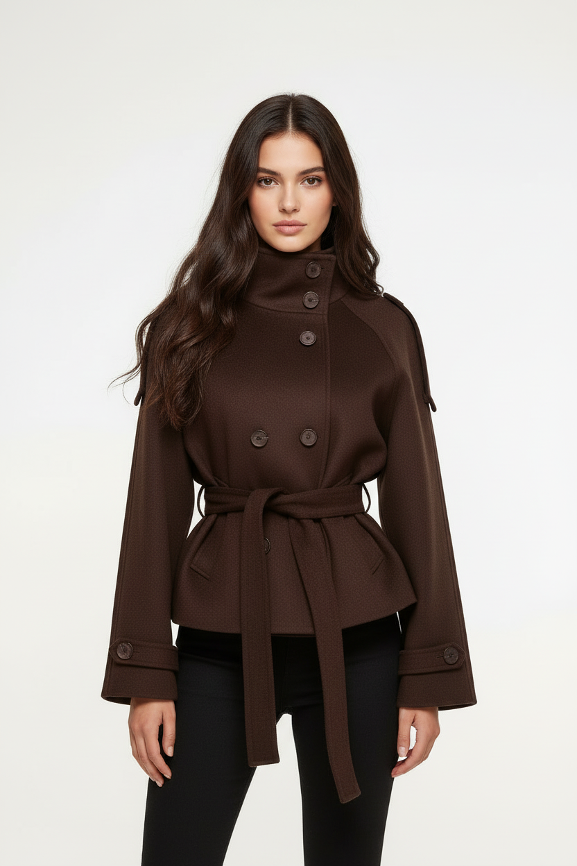 Model voorkant - Donkerbruine trenchcoat