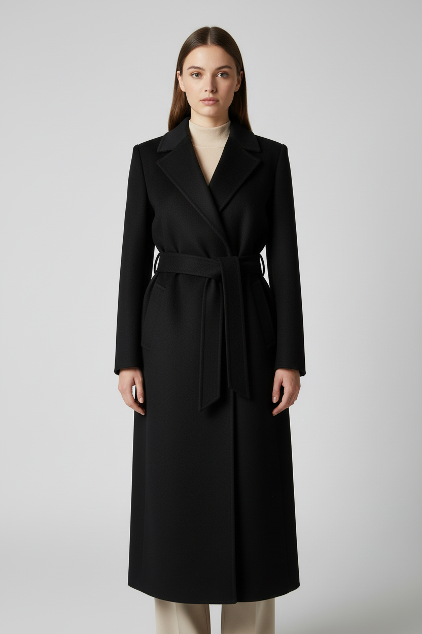 Model met lange zwarte mantel