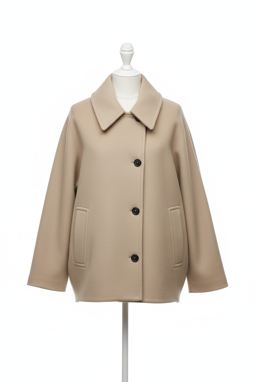 Beige winterjas voorkant op paspop