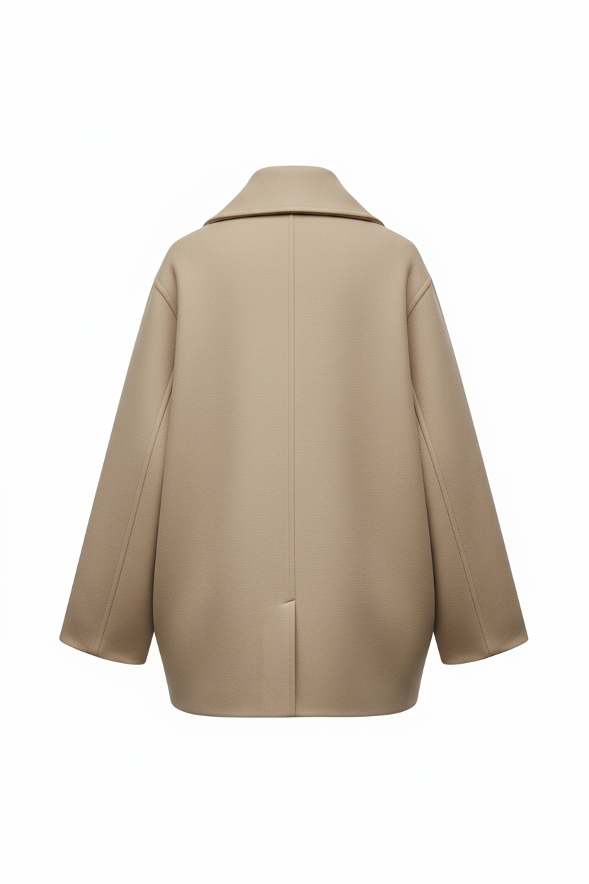 Beige winterjas achterkant op paspop