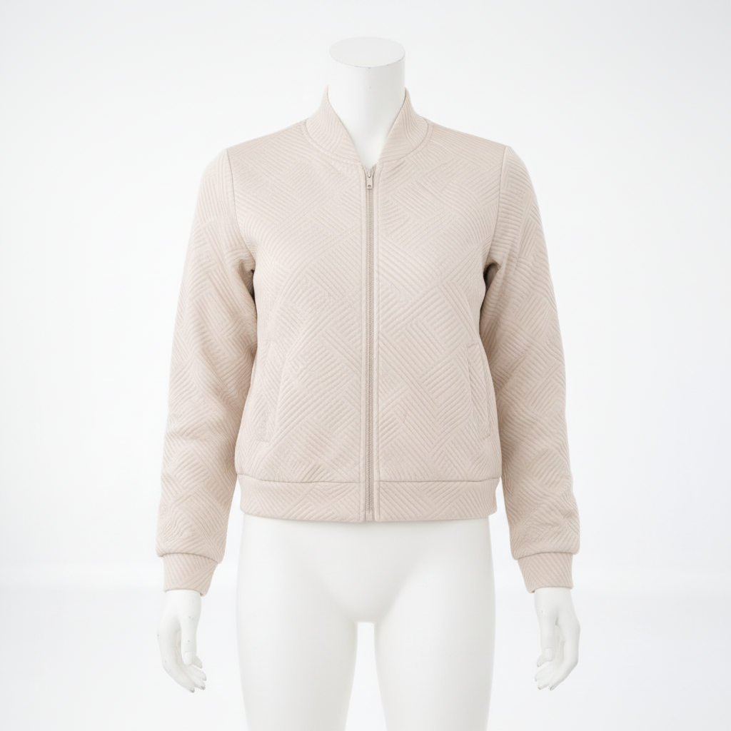 Cozy Bomber beige gewatteerde jas op paspop voorkant