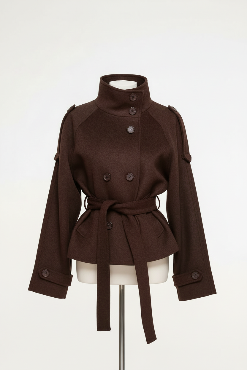 Donkerbruine korte trenchcoat op paspop