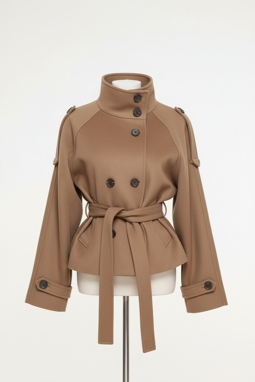 Taupe korte trenchcoat op paspop