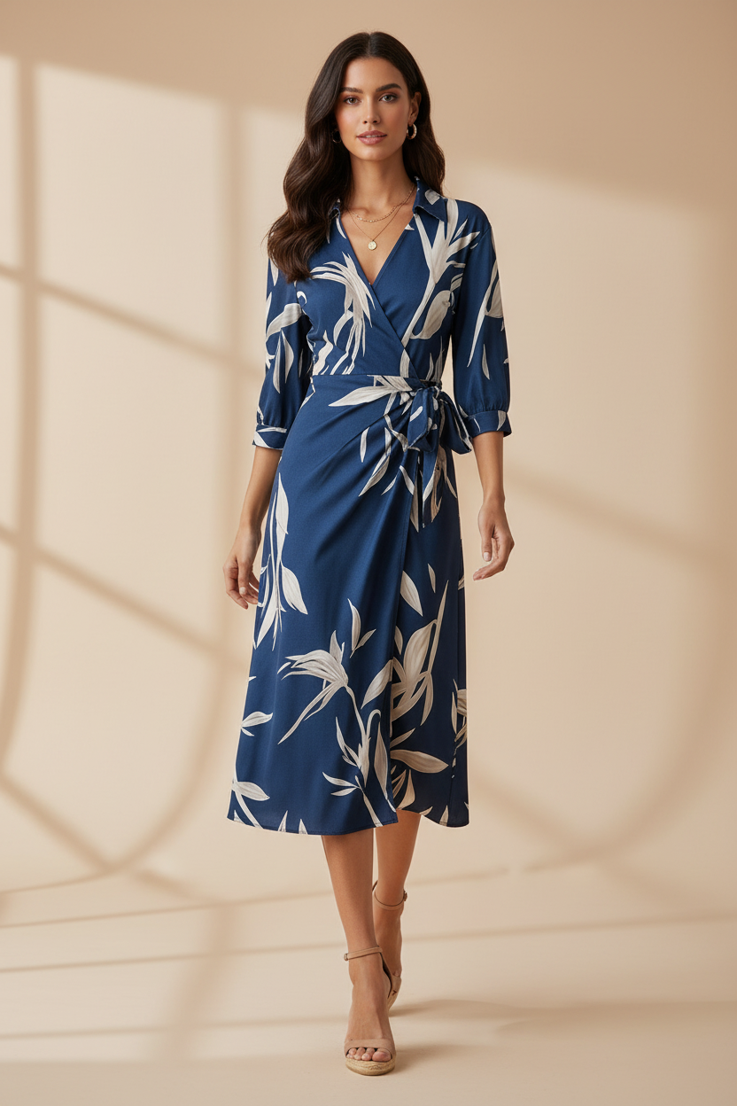 Navy Jurk met Bladprint - Editorial Shot