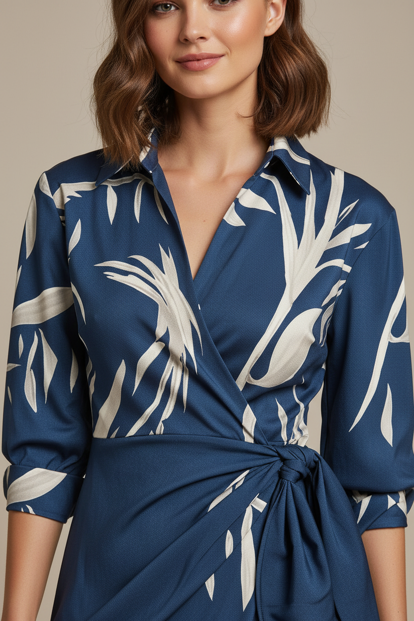 Navy Jurk met Bladprint - Detail Shot