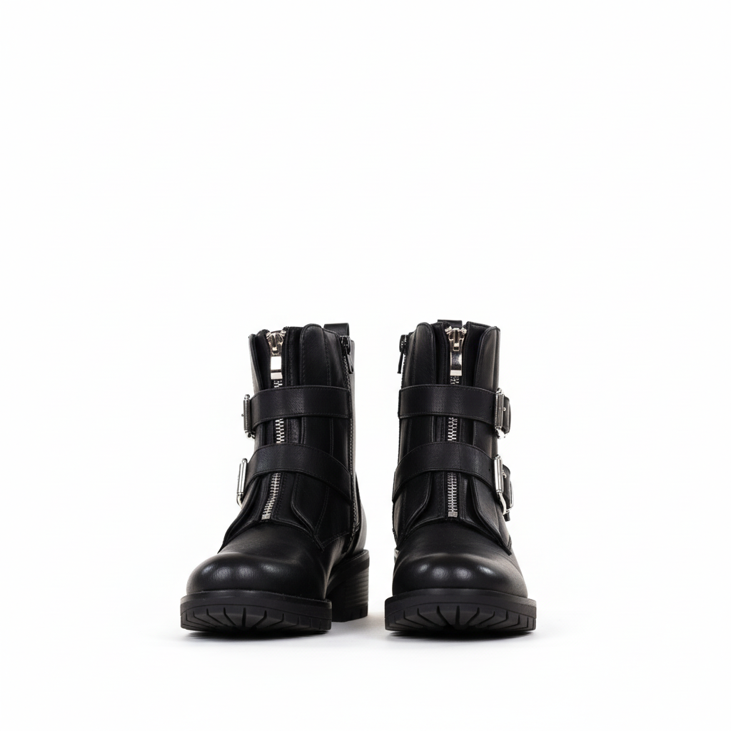 Zwarte biker boots met zilveren gespen vooraanzicht