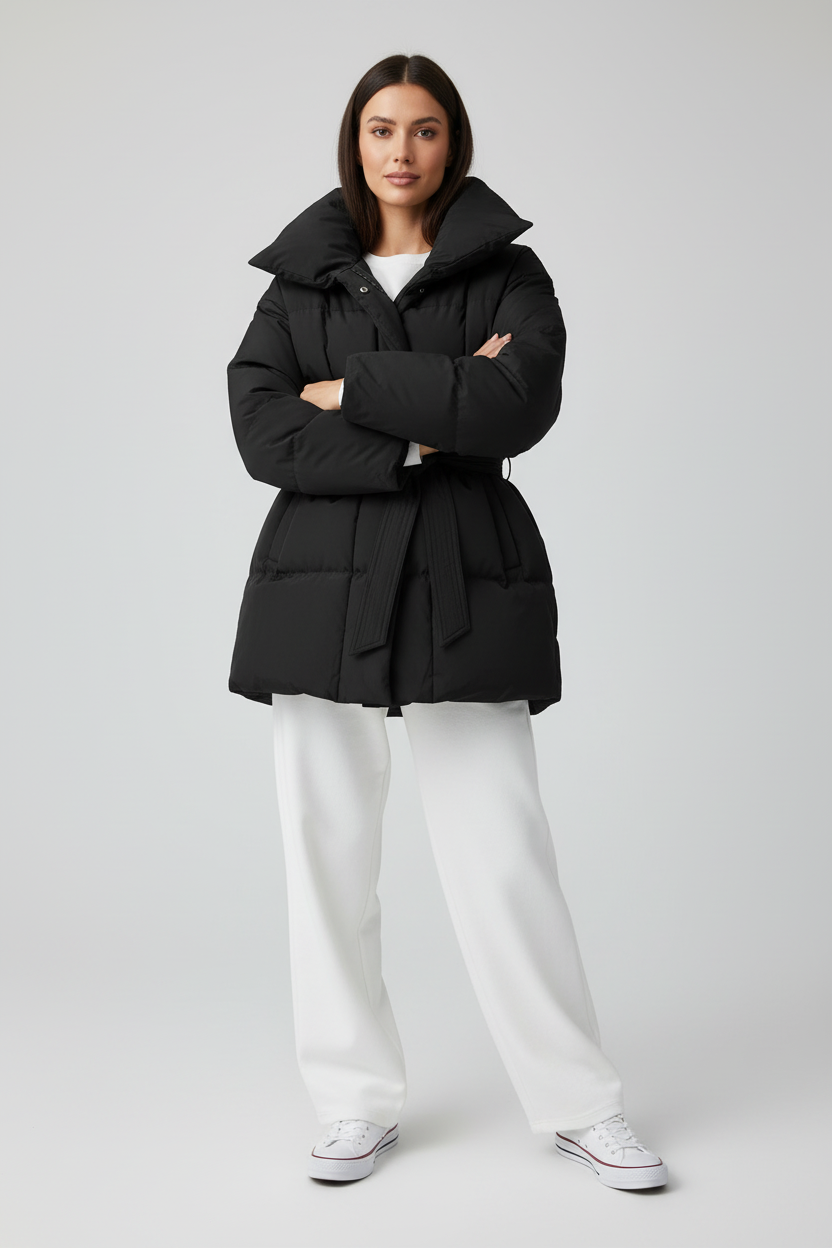 Model draagt zwarte puffer winterjas voorkant