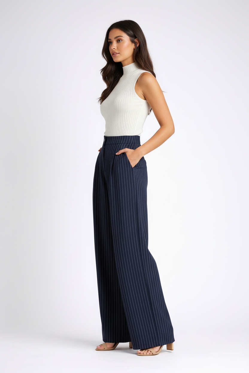 Krijtstreep broek brunette zijkant