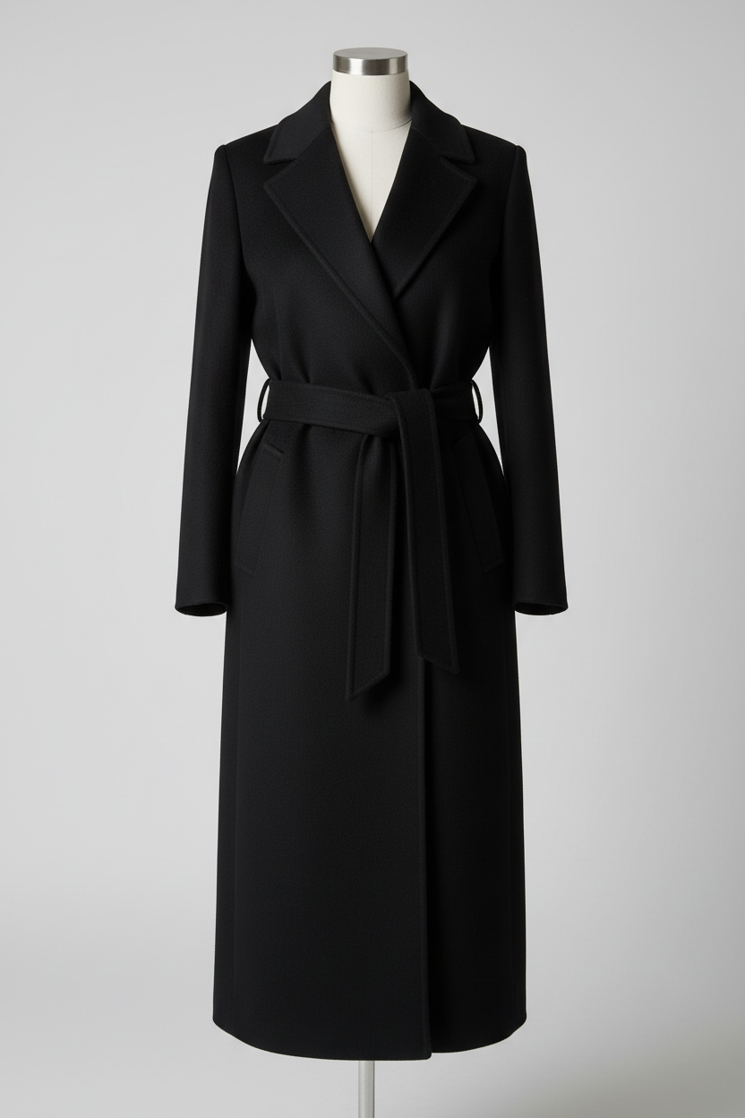 Lange zwarte jas met ceintuur