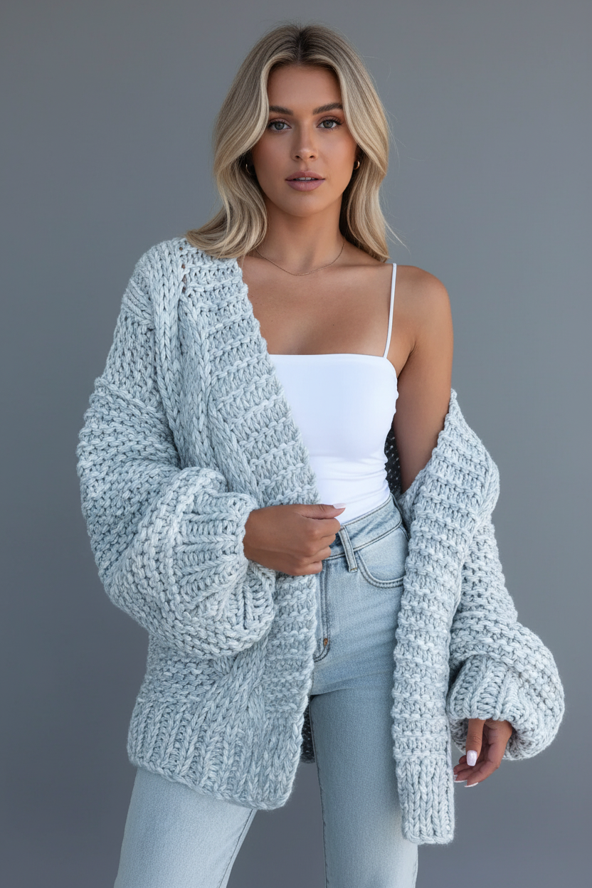 Light blue chunky knit cardigan blonde model front view