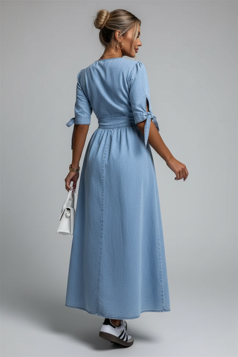 Light blue denim maxi dress back angle