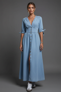 Light blue denim maxi dress unique model grey background