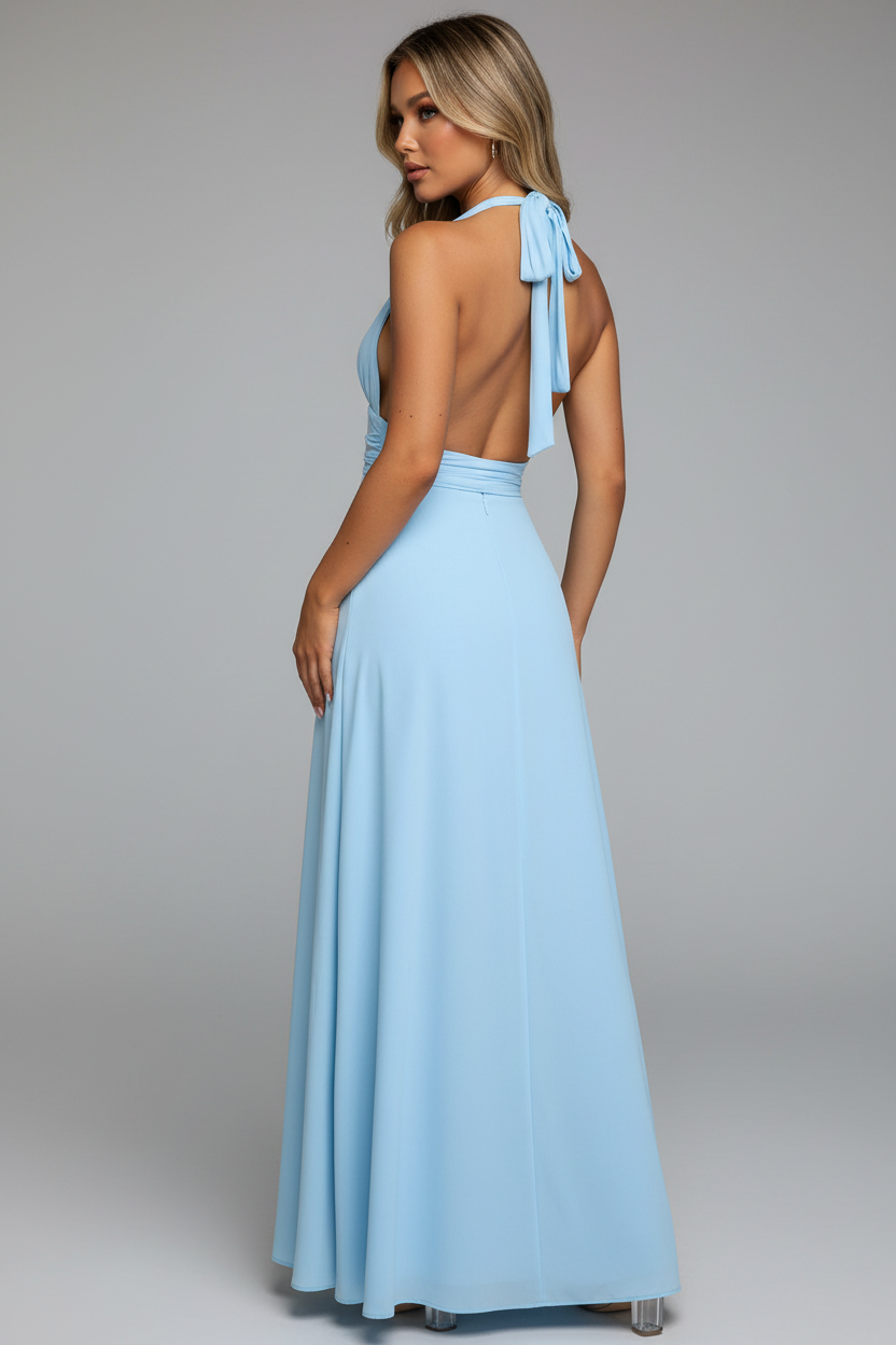 Light blue halter maxi dress blonde model back angle