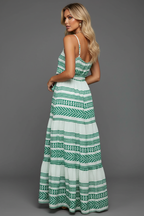 Mint green and white geometric print maxi dress back angle