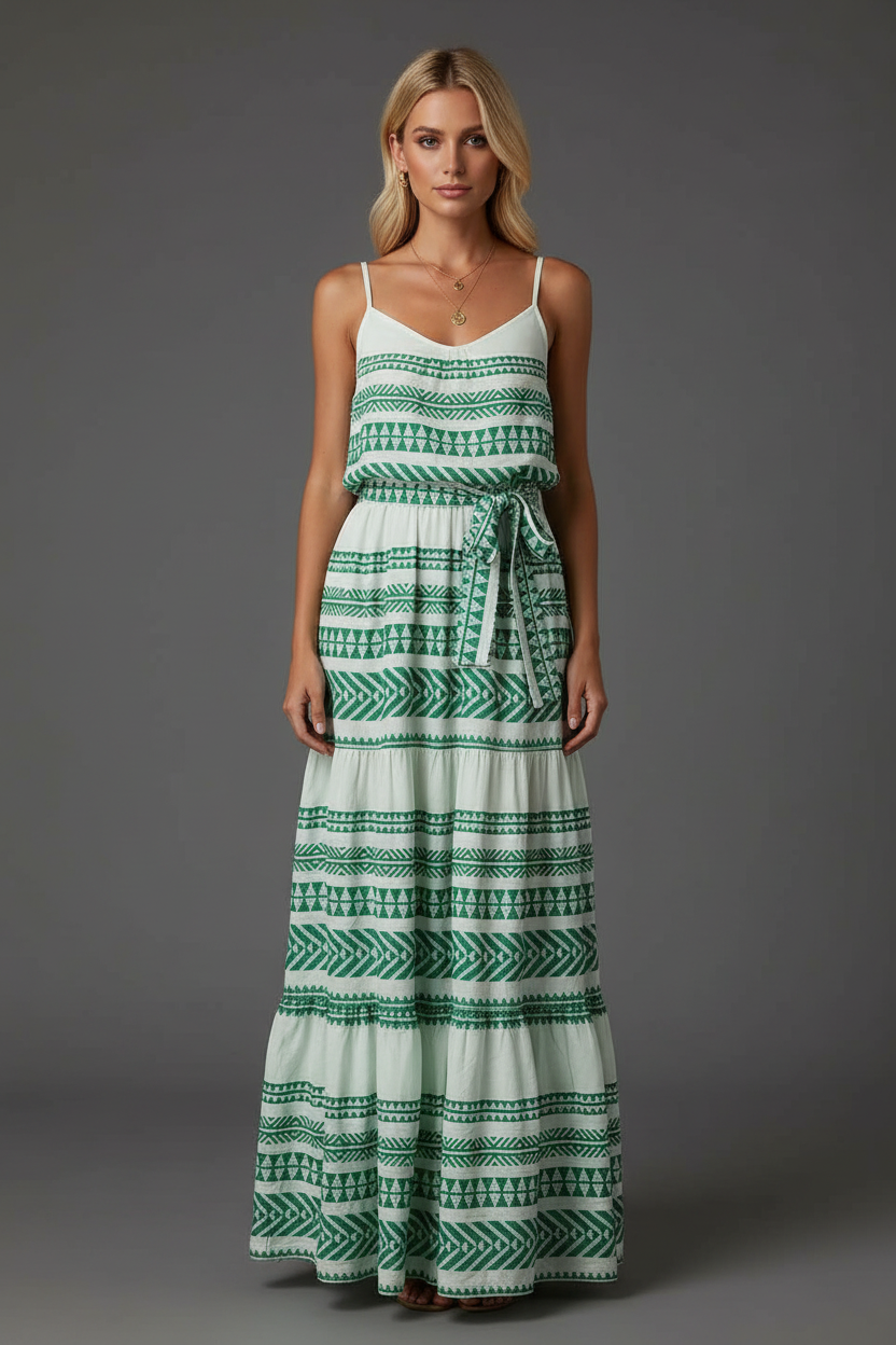 Mint green and white geometric print maxi dress unique model grey background