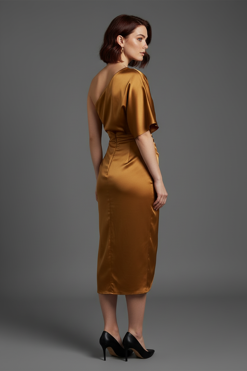 Mosterd Gouden One-Shoulder Jurk - Achterkant