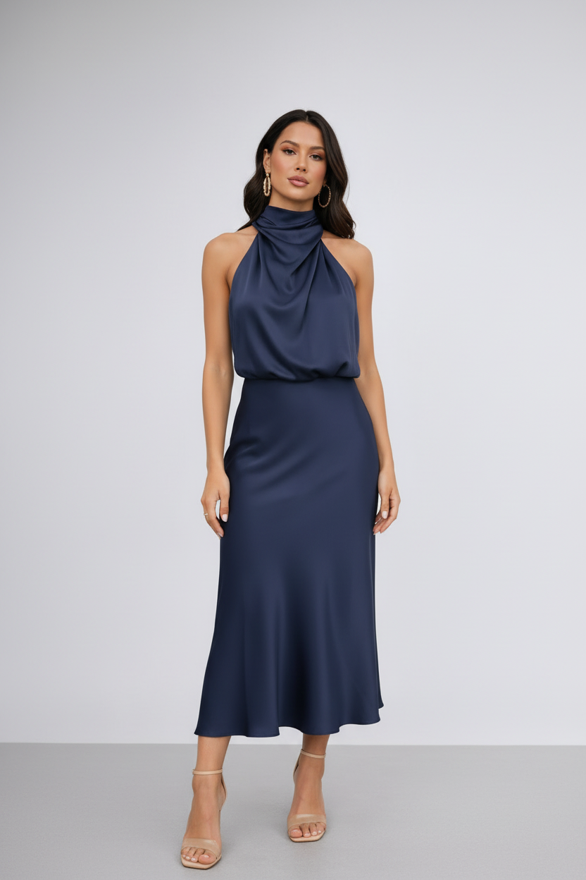 Navy Blauwe Halter Neck Jurk