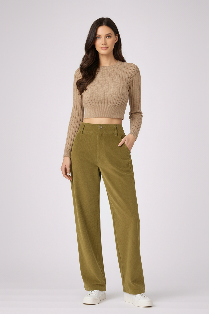 Olijfgroene broek frontaal grijs