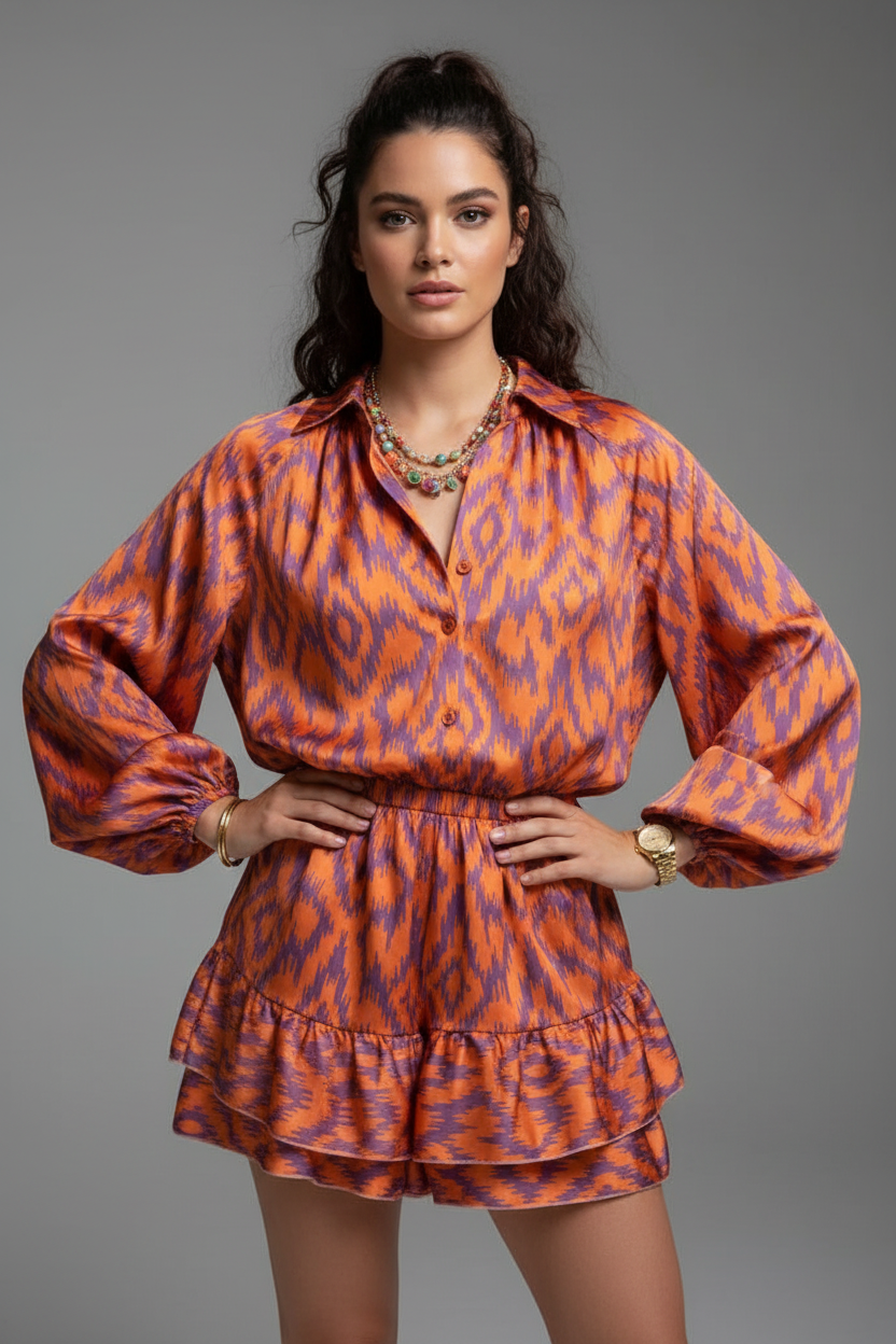 Orange and purple zigzag print romper different model