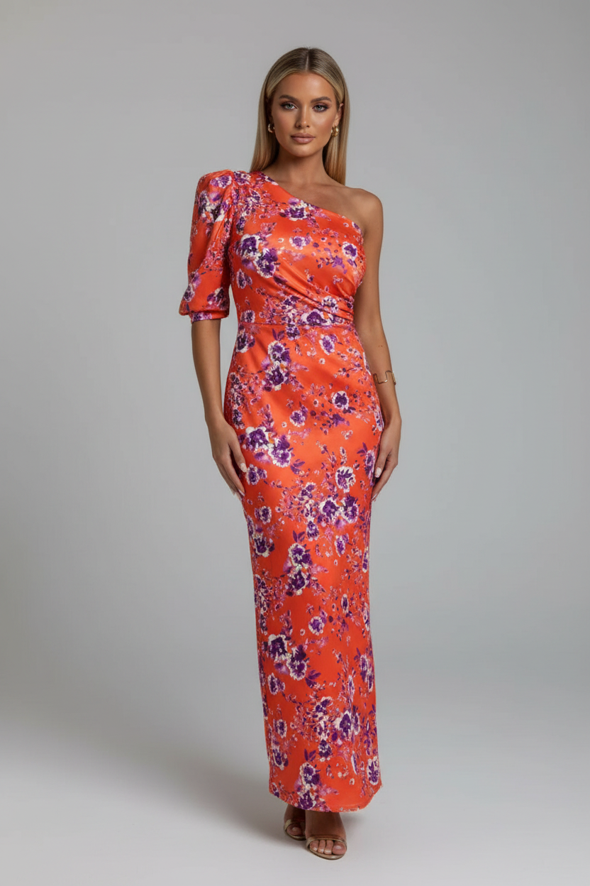 Orange floral one-shoulder maxi dress